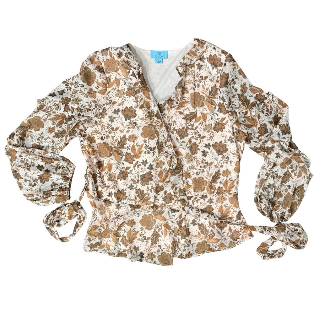 CeCe Cream Tan Fall Floral Leaves Ruffle Long Sleeve Tie Waist Wrap Top size L - Picture 9 of 11